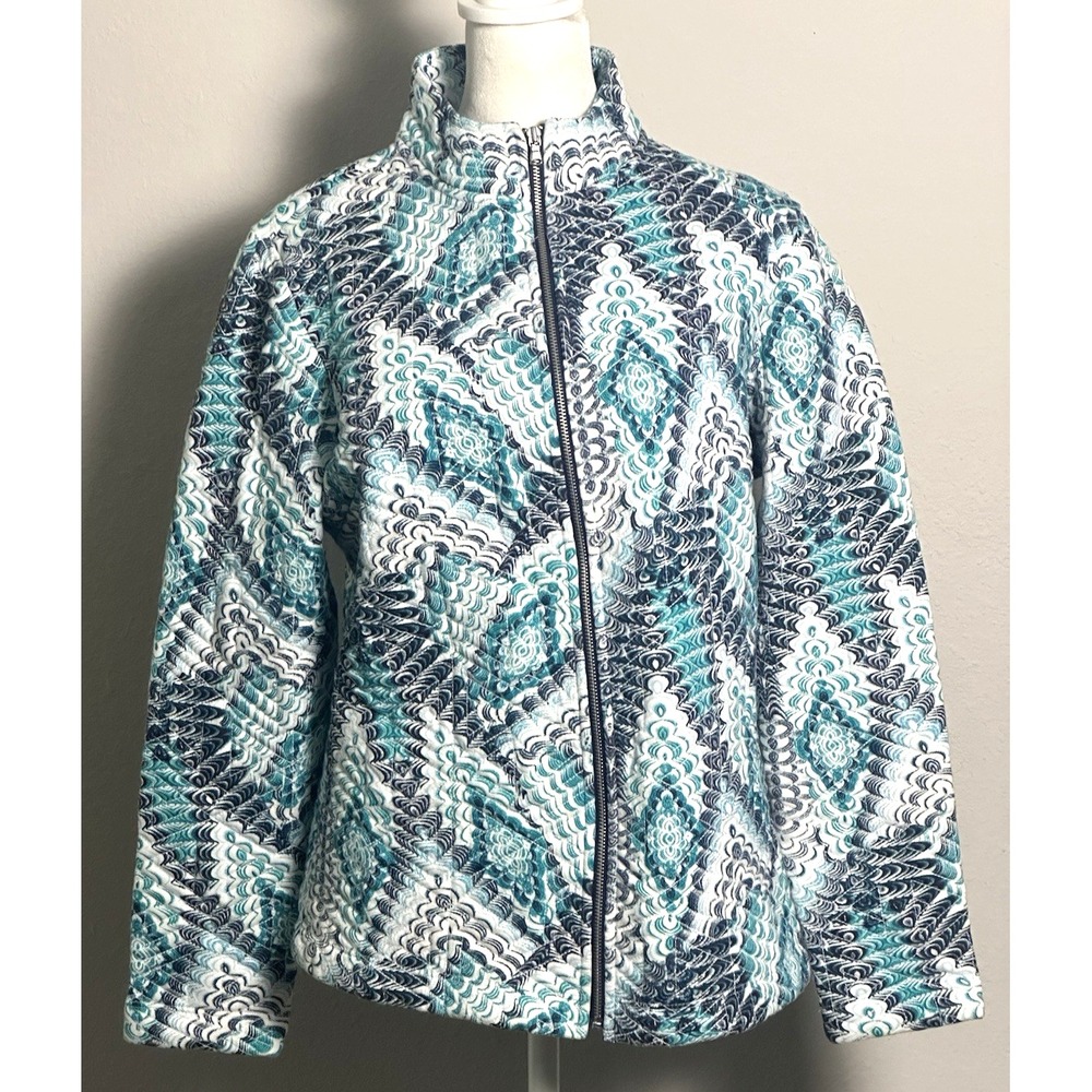 Chico's Weekends Women's Jacket Size (8) Teal Navy & White Zip-Up